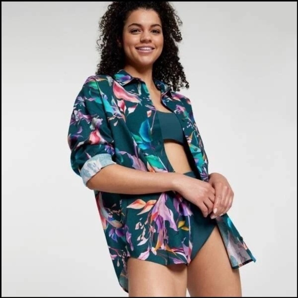 Callia Linen Shirt Swim Coverup M Tropical Resortwear Button Down Oversized Teal
